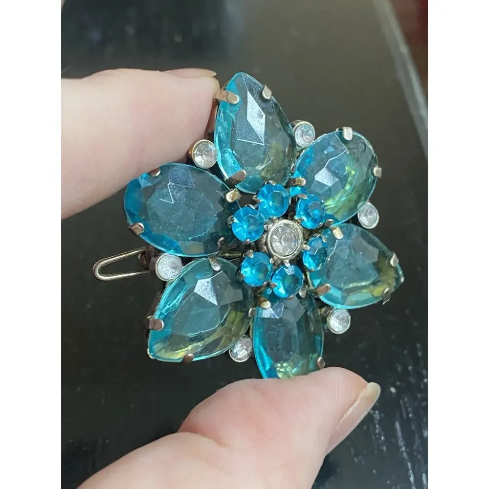 Vtg 1950s Weiss Aqua Blue Rhinestone Flower Hair Barrette Silver Glass Crystal